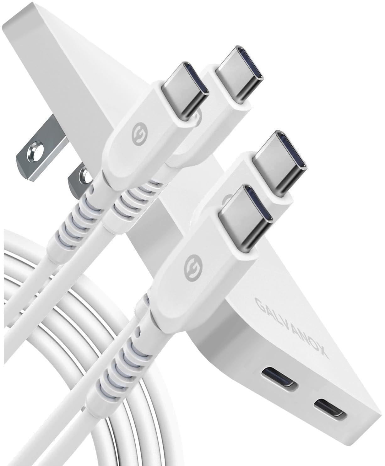 Galvanox Dual USB-C Wall Charger for iPhone 15 Fast Charging (20W) Ultra Slim Multi Port Power Adapter [0.48" Flat Design] with 2 USB Type-C Cables