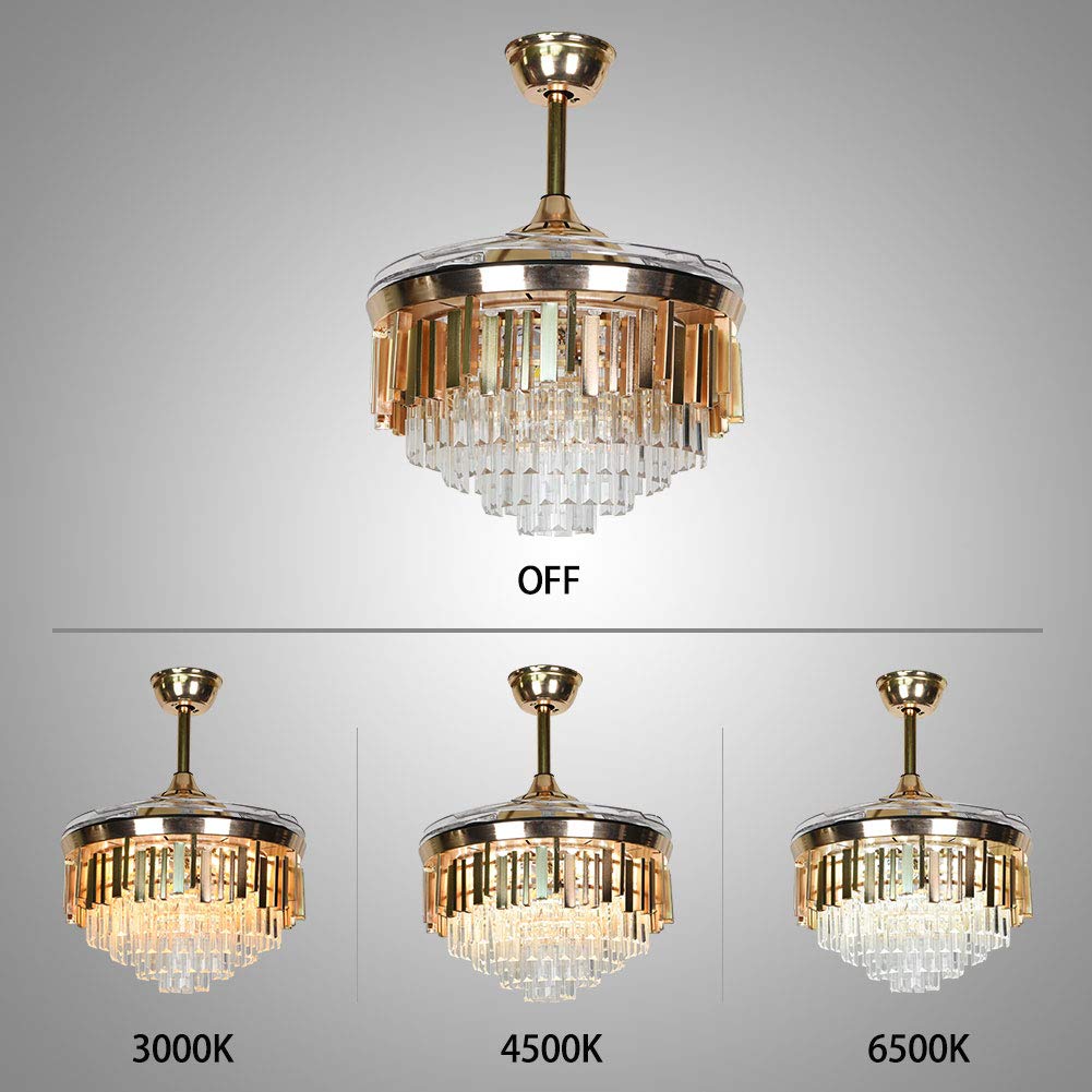 42" Luxury Crystal Ceiling Fan with Lights Retractable Blade Ceiling Fan with Remote Control Modern Fandelier Ceiling Fan Chandelier with Lighting