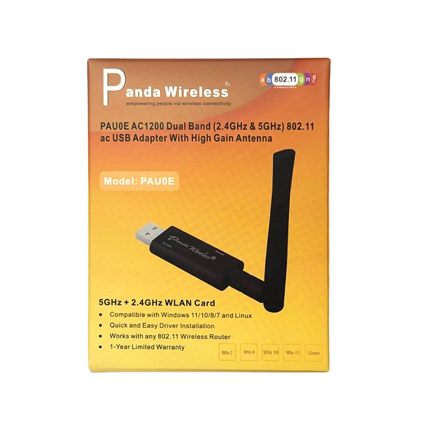 Panda Wireless PAU0E AC1200 Wireless AC USB Adapter - w/High Gain Antenna - Win 7/8/10/11, Zorin, Mint, Ubuntu, MX Linux, Manjaro, Fedora, Kali Linux