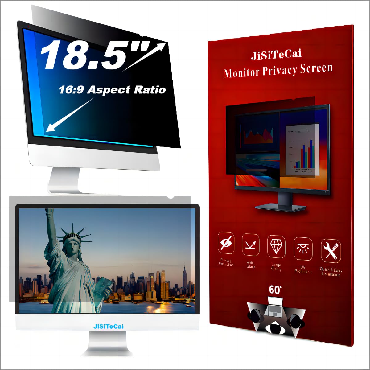 JiSiTeCai 18.5" Computer Privacy Screen Filter 16:09 Widescreen Monitor - Premium Anti-glare Screen Cover - Scratch Resistant - UV and Blue Light