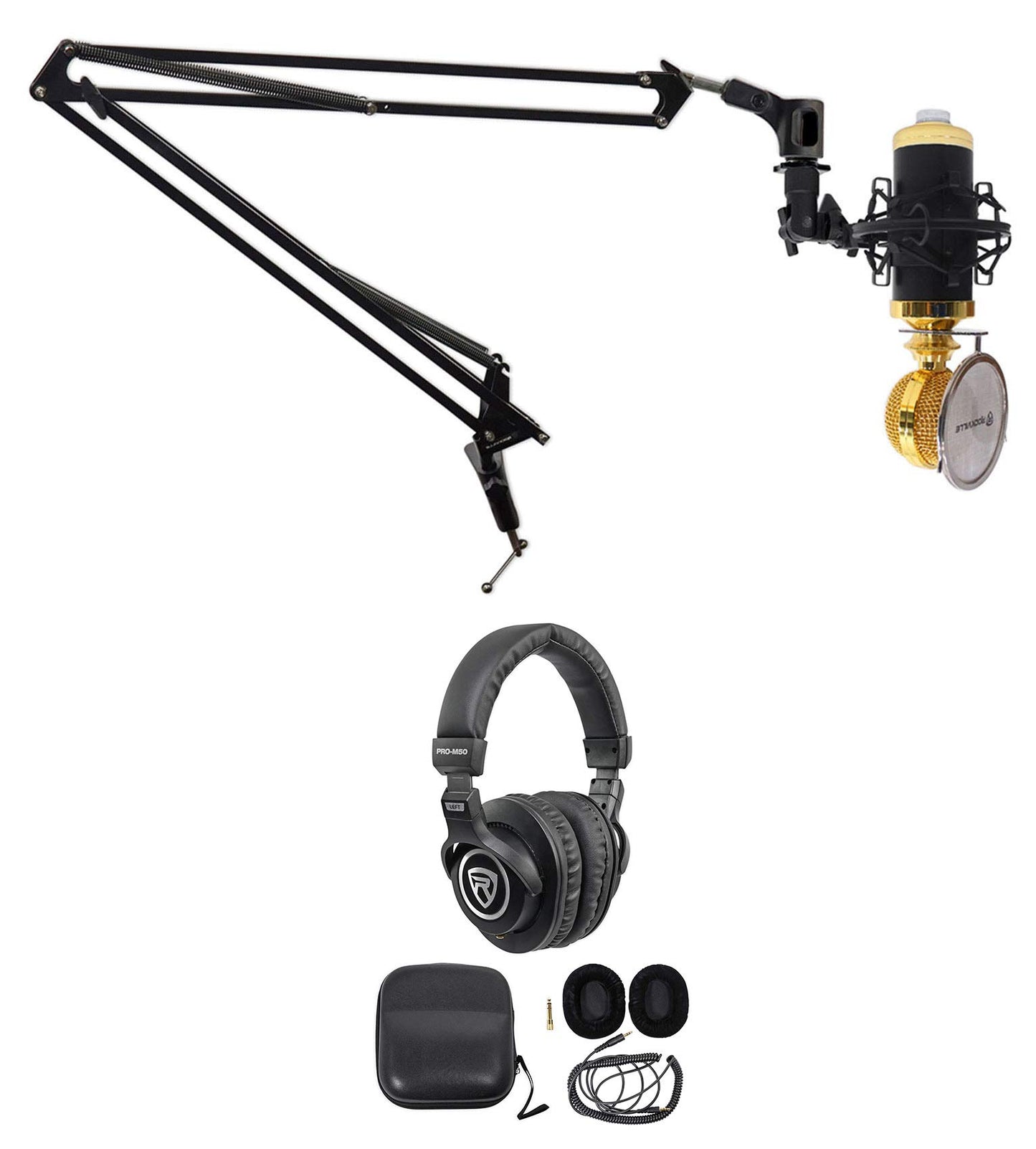 Rockville RCM02 Bundle: Condenser Microphone with Metal Shock Mount, DMS40 40 in Adjustable Boom Arm Stand with Desk Clamp, PRO-M50 Studio Headphones