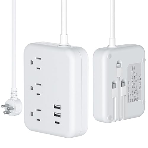 9-in-1 Travel Power Strip with 3 Built-in USB Cables (USB-C/Micro/iOS) | 3AC Outlets + 3 USB Ports | 5FT Flat Plug, Cruise-Approved & FCC Certified