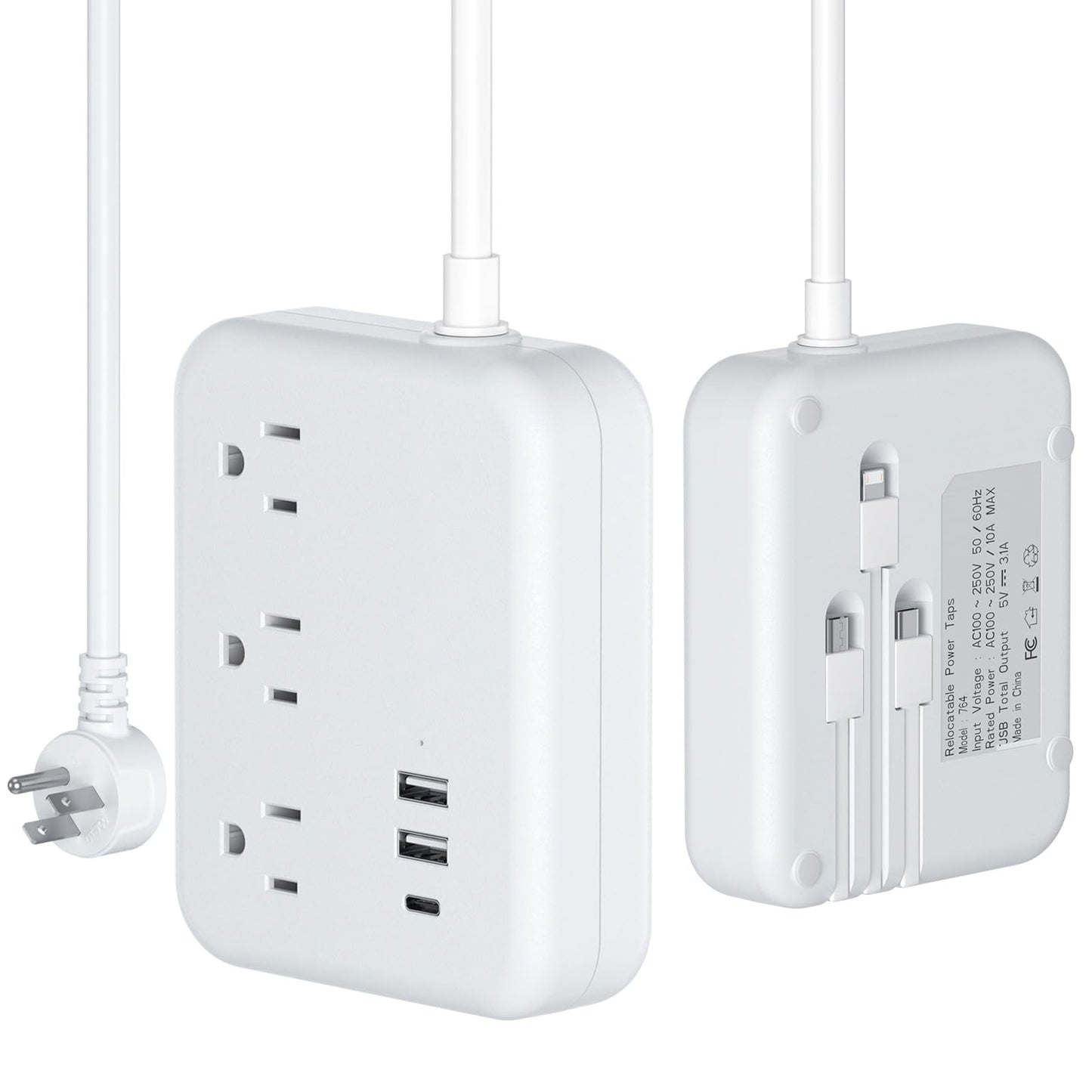 9-in-1 Travel Power Strip with 3 Built-in USB Cables (USB-C/Micro/iOS) | 3AC Outlets + 3 USB Ports | 5FT Flat Plug, Cruise-Approved & FCC Certified