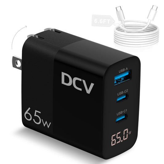 DCV 65W USB C Charger with 6.6ft C to C Cable, GaN 3-Port Fast Charging Block with LED Digital Display, PD/PPS/QC 3.0 Foldable Wall Charger