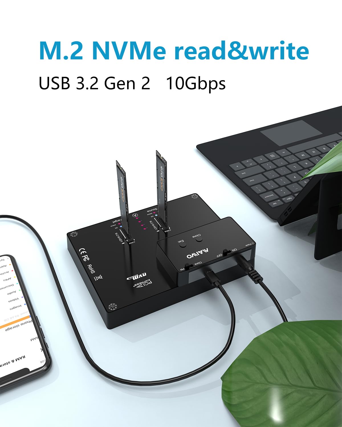 MAIWO K3015P Portable Dual Bay M.2 NVME Docking Station, Tool-Free Type-C10Gbps NVME SSD External Enclosure, with Offline Clone duplicator and System