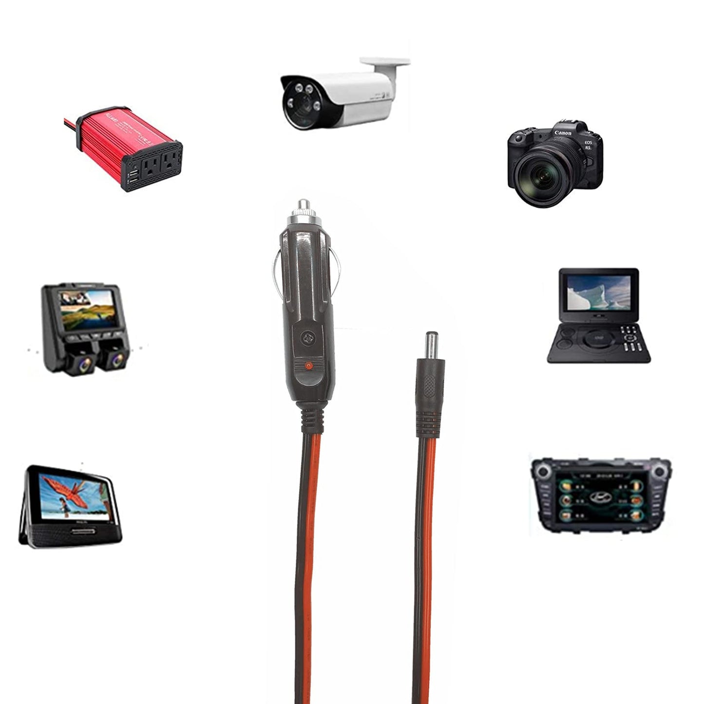 AEISVIK DC Car Charger Cable - 5.5mm x 2.1mm Connector to Cigarette Lighter Male Plug With Extra 2 Connectors 12-24V 15A Auto Power Supply Cord