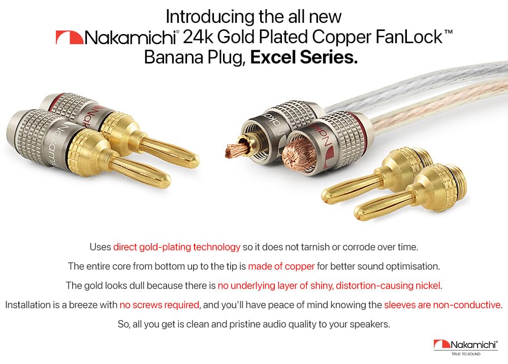 Nakamichi FanLock Excel Series 24k Gold Plated Banana Plugs 10 AWG - 18 AWG Gauge Size 4mm for Speakers Amplifier Hi-Fi Stereo Home Theatre Radio