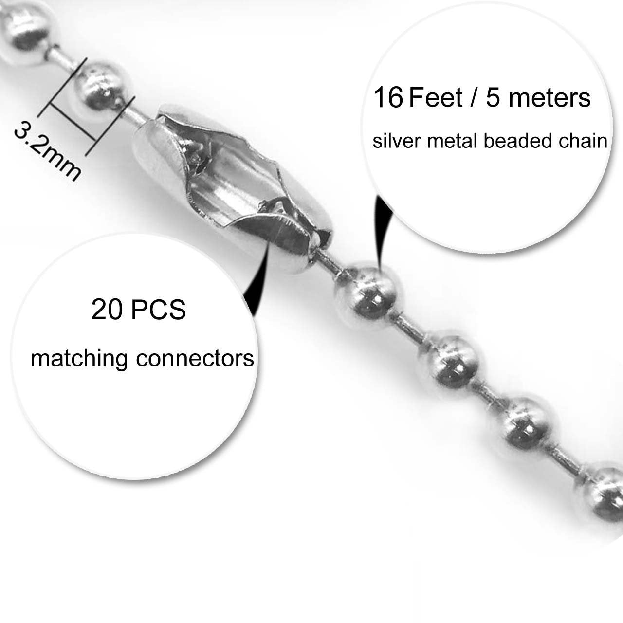 Awpeye Metal Fan pull chain extension, ceiling fan chain connector,Diameter 3.2mm 16 Feet Long with 20 PCS Connector (Silver)