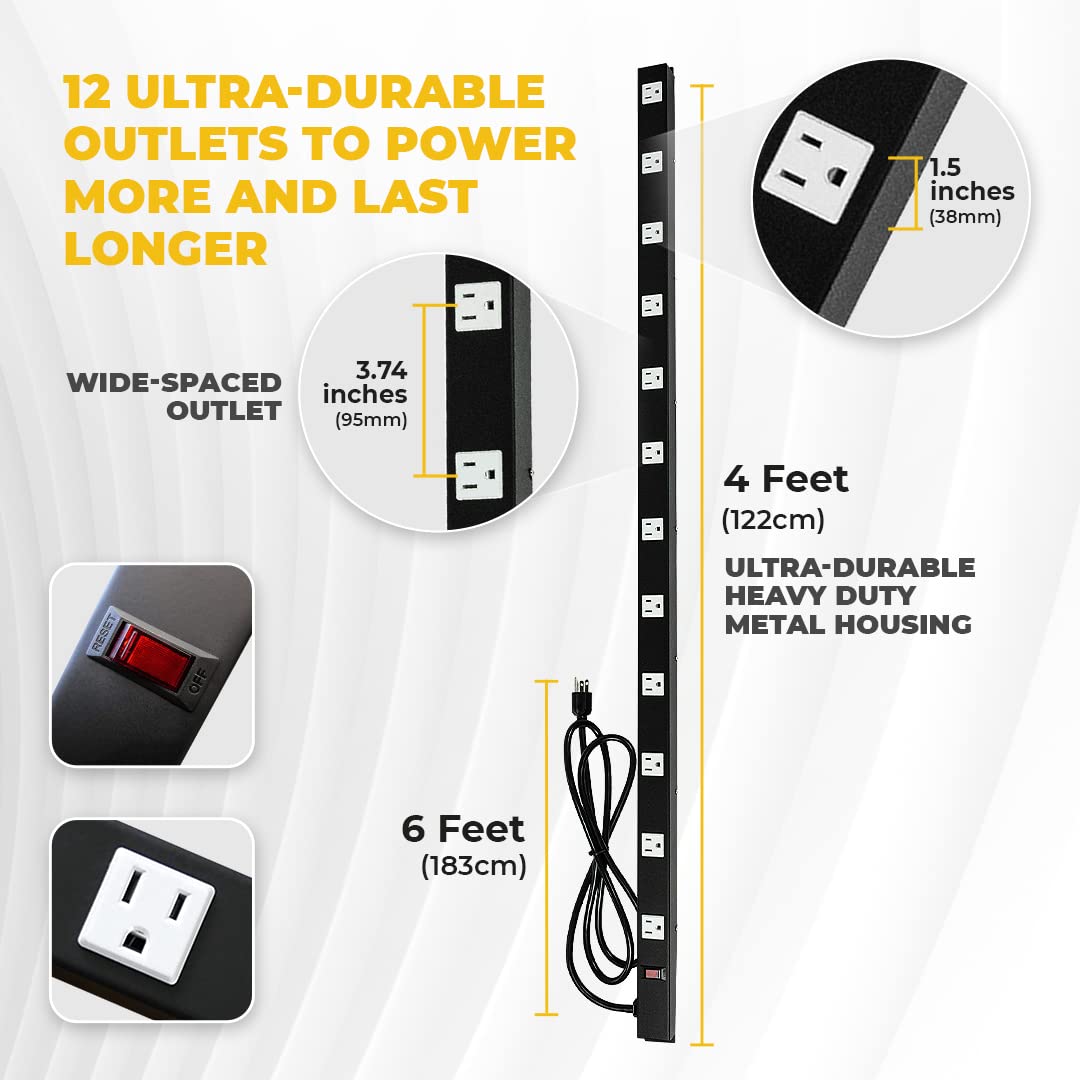 Opentron 12 Outlets 4 Feet Body Heavy Duty Metal Surge Protector Power Strip (4 Feet 12 Outlet 6 Feet Power Cord)