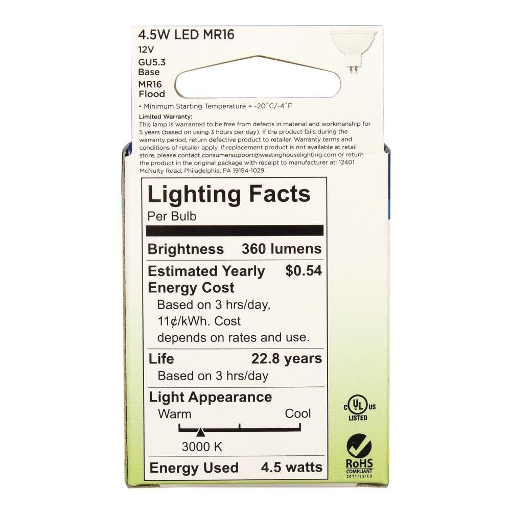 Westinghouse 3363820 35W Equivalent MR16 Flood Dimmable Bright White LED Light Bulb with GU5.3 Base (6 Pack)