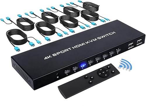 TCNEWCL 8 Port KVM Switch HDMI, 4K@30Hz 8 in 1 Out HDMI KVM Switch for 8 PC Sharing 1 HD Monitor and 4 USB Devices with IR Remote & 8 HDMI Cables