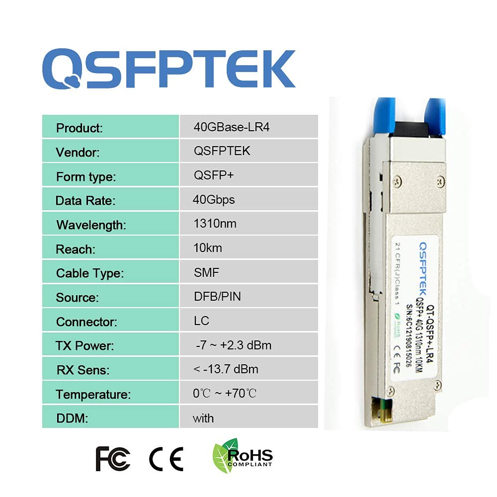 QSFPTEK 40G QSFP+ Module LC Single-Mode Transceiver 40GBASE-LR4 for Mellanox MC2210511-LR4 (1310nm, 10km, with DDM)