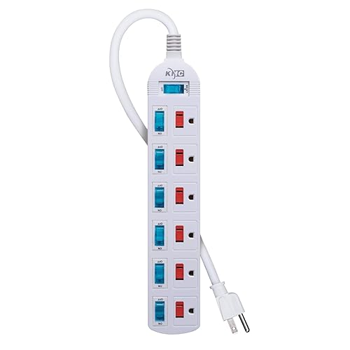 KMC 6 Outlet Power Strip with Multi-Outlet Independent Switches, Overload Protector,4-Foot Cord
