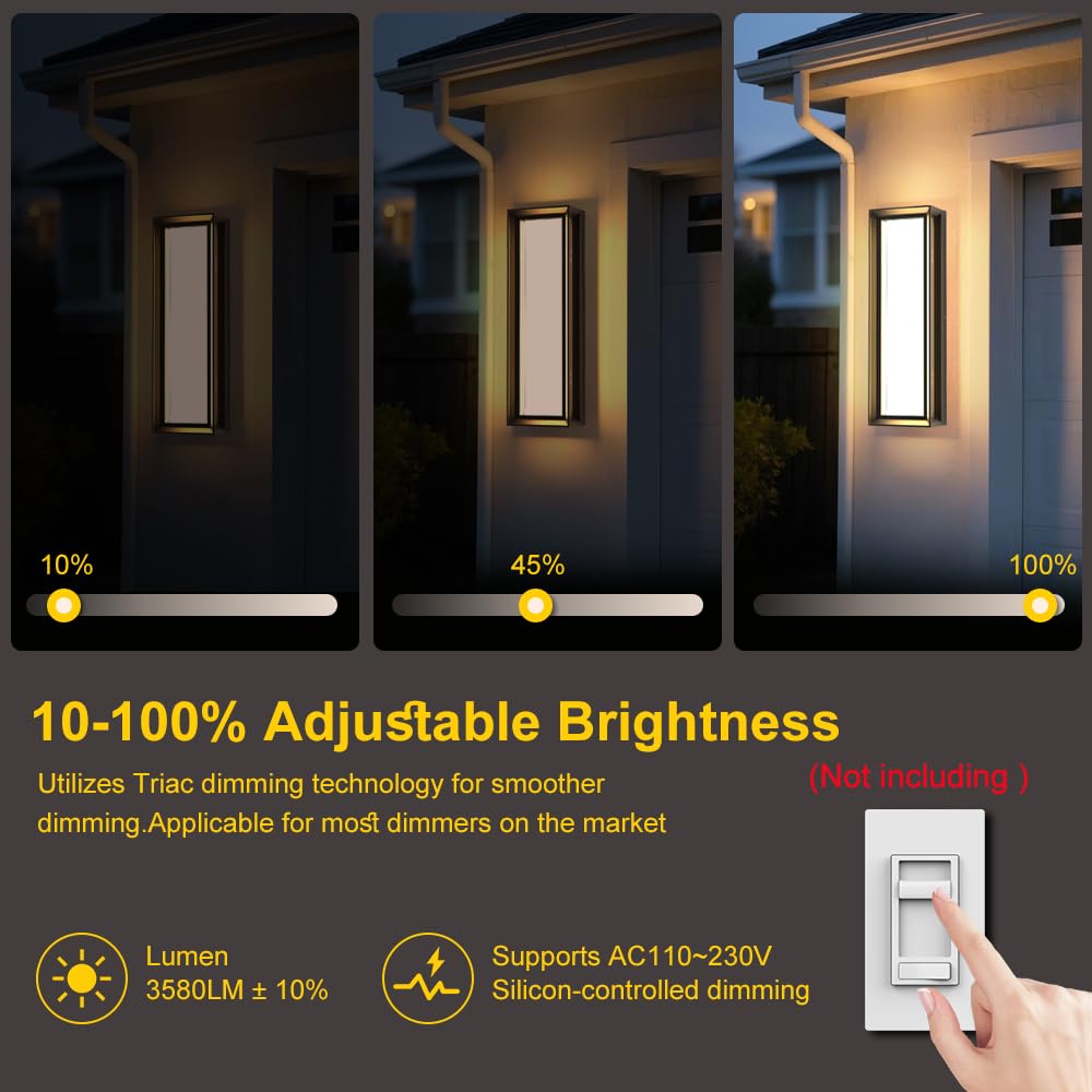 Cylutaes 2Packs LED Outdoor Wall Lights,Dimmable Exterior Wall Sconce 16",3000K / 4000K / 6000K,IP65 Waterproof,Modern Black Outside Light