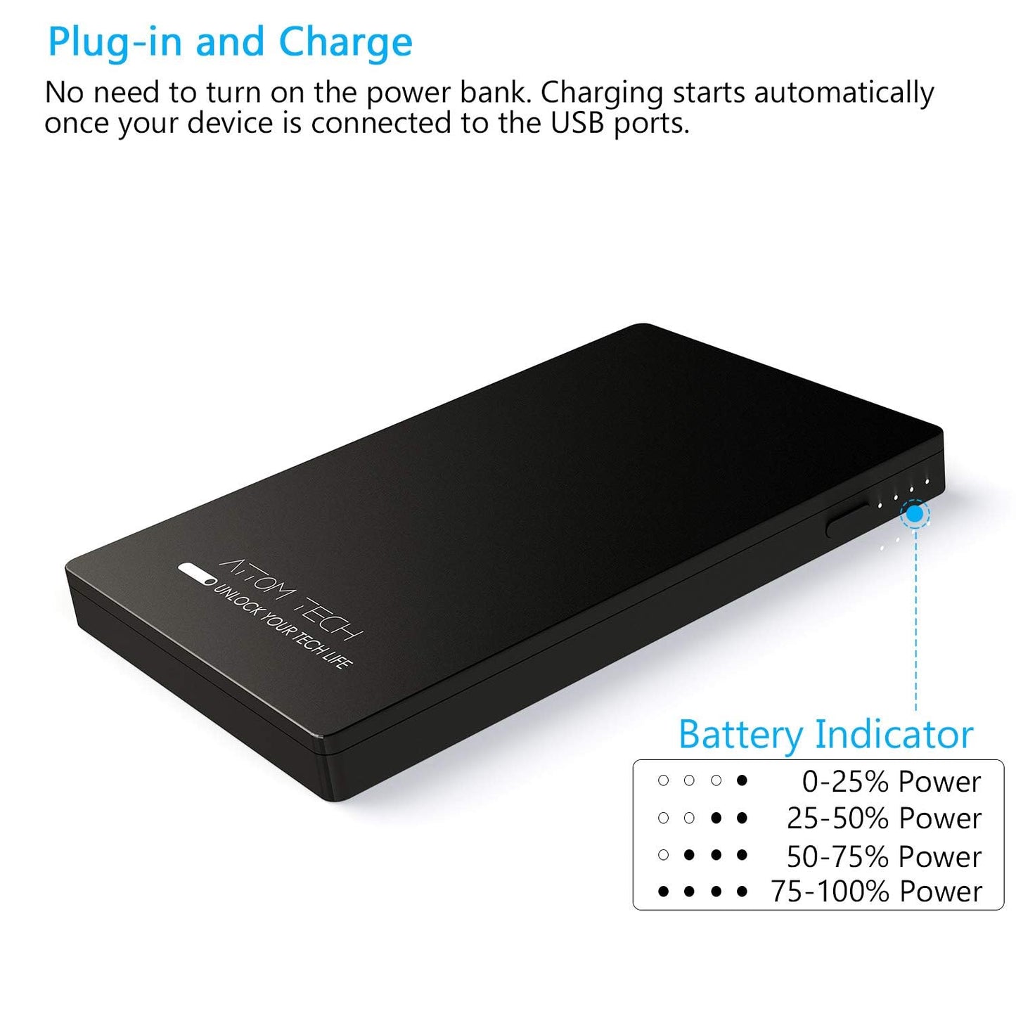 Attom Tech Dual USB Output Super Slim Power Bank Ultra Thin, 3000mAh Portable Charger Mini External Phone Battery Pack Small Dual Outlet, Emergency