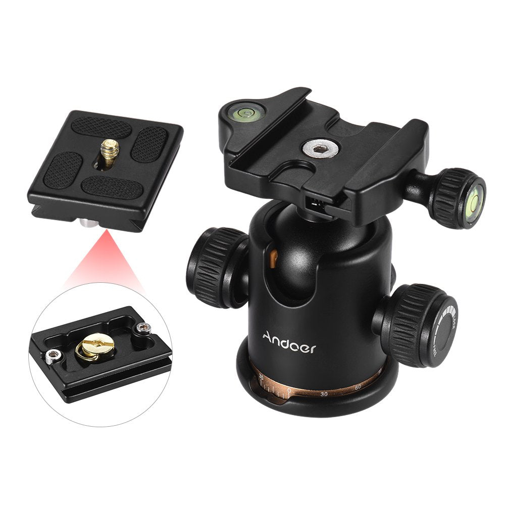 Andoer Tripod Ball Head, DSLR Camera Tripod Ball Head with 1/4 inch Quick Release Plate and Bubble Level, 360 Degree Rotating Panoramic Ball Head
