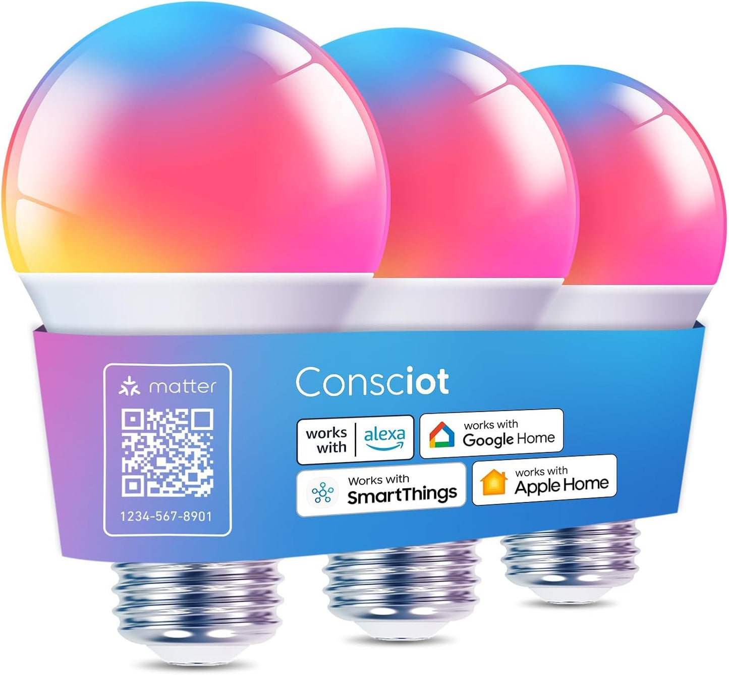 Consciot Smart Light Bulbs, WiFi Bluetooth Color Changing LED Light Bulb, Music Sync, 60W Equivalent Smart Bulb, A19 E26 RGBTW Light Bulbs That Works