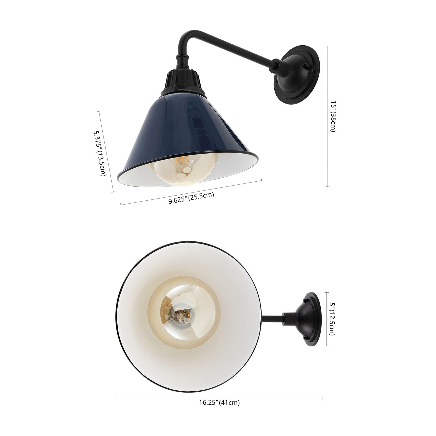 JONATHAN Y 9.63" Navy/Black 1-Light Farmhouse Outdoor Sconce, Industrial LED Wall Light, Gooseneck Arm Barn Lamp with Metal Bell Shade for Porch