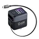 CHARGEN 70W GaN Fast Charger with Retractable Cable, 3-Port USB-C and USB-A Wall Charger, Compact Black Design, Model PD-138