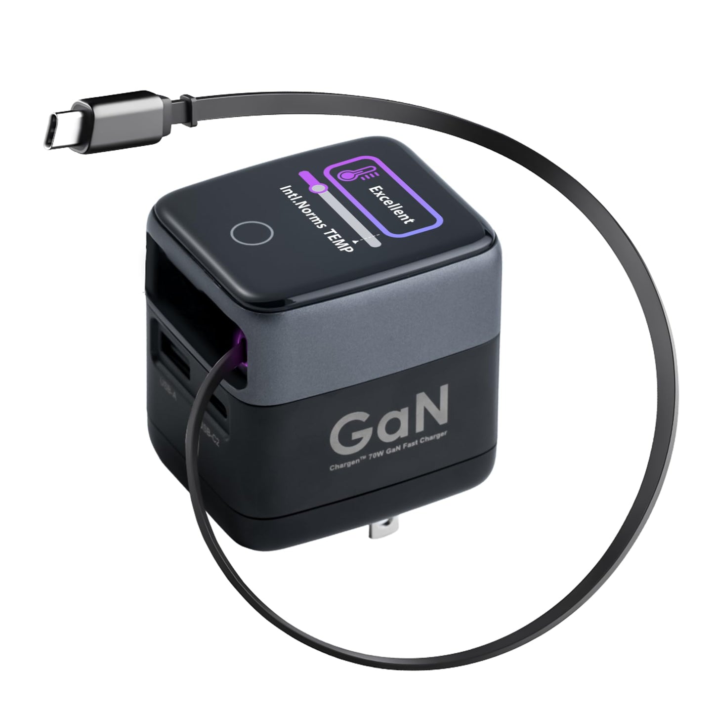 CHARGEN 70W GaN Fast Charger with Retractable Cable, 3-Port USB-C and USB-A Wall Charger, Compact Black Design, Model PD-138