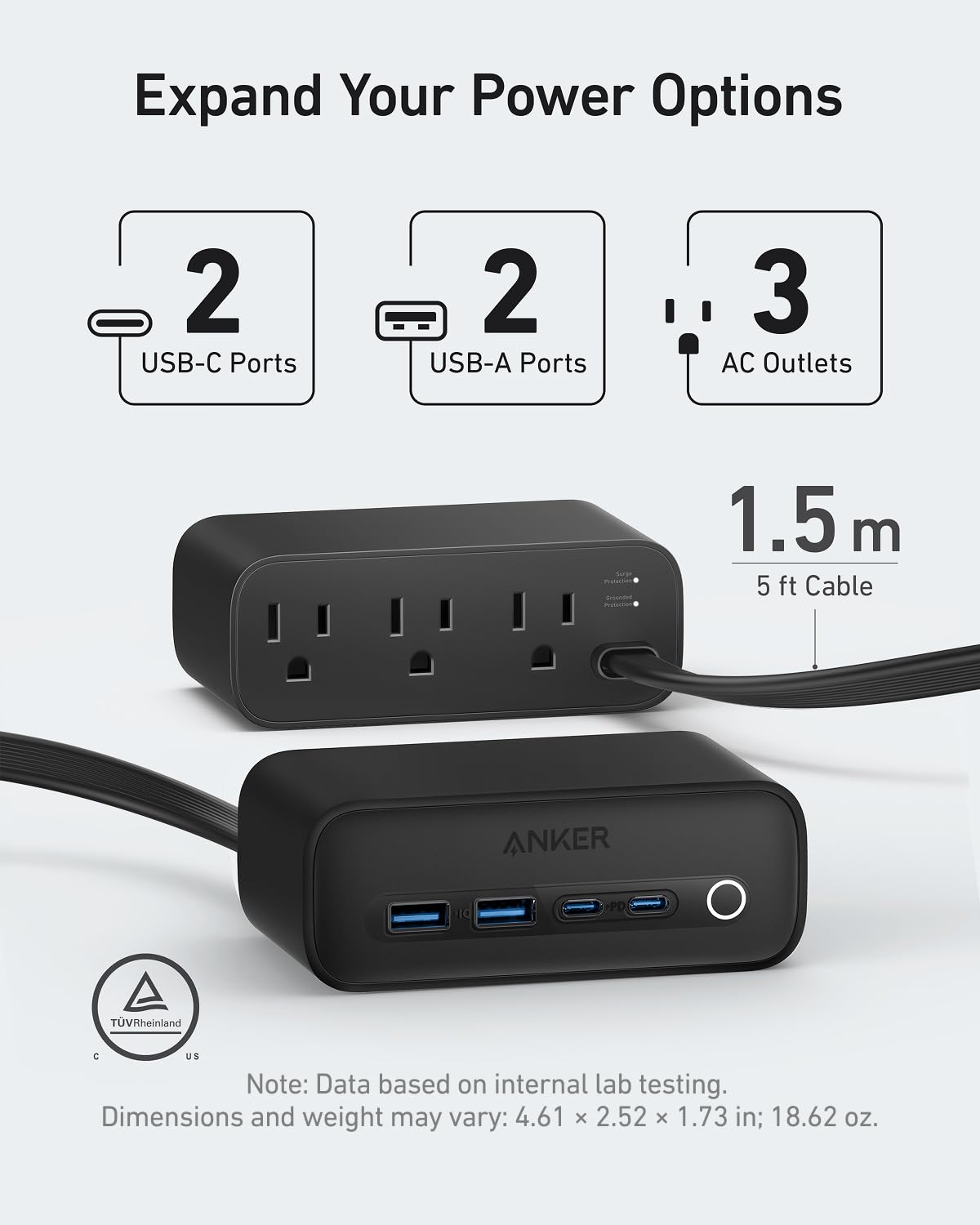 Anker 525 Charging Station, 7-in-1 USB C Power Strip for iphone13/14, 5ft Extension Cord with 3AC,2USB A,2USB C,Max 65W Power Delivery Desktop