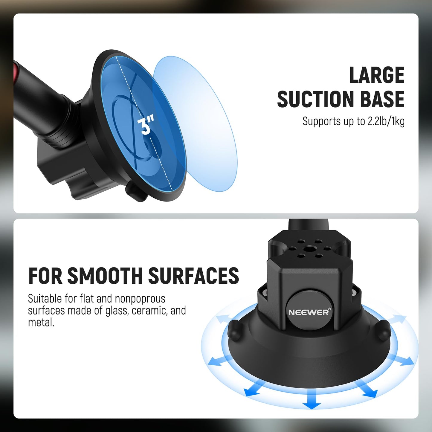 NEEWER Triple Suction Cup Car Mount Kit, Carbon Fiber Camera Mount with Action Camera Adapter, NATO Rail & 24"/60cm Extension Pole Compatible