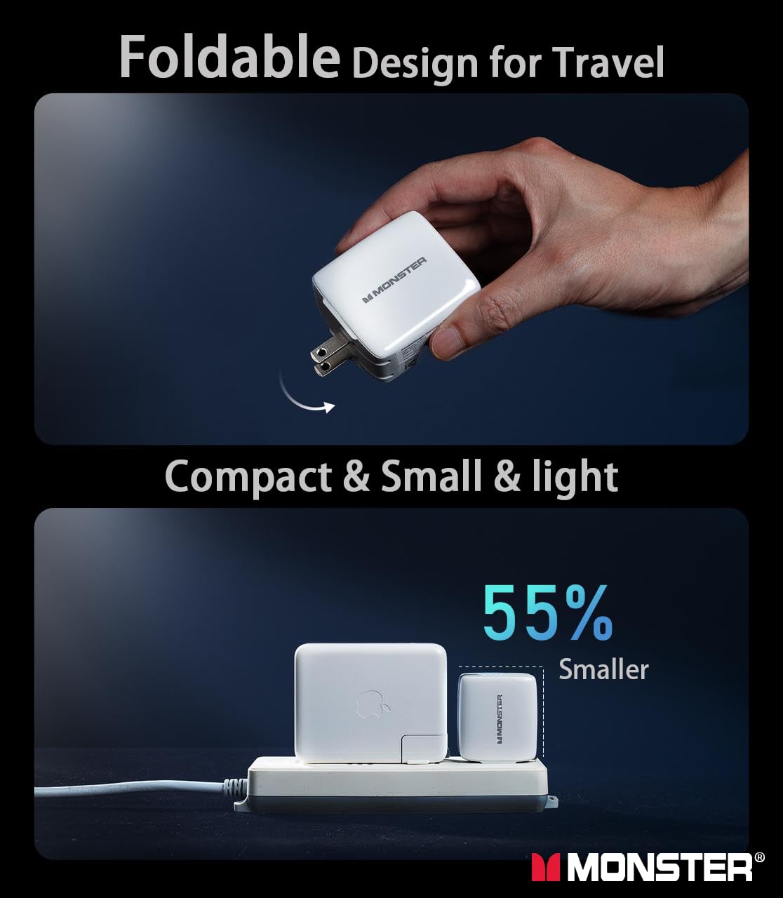 Monster 65W USB C Charger Block, PPS 2-Port, Foldable GaN Fast Charger, Heat-Free Ensure Security for iPhone 16 Pro Max/15/14, iPad, MacBook, Samsung