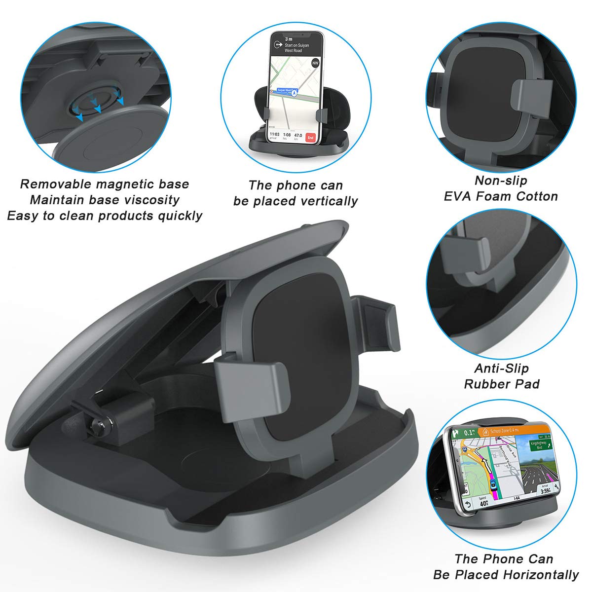 Tophot Car Phone Mount, Cell Phone Holder for Car : Vertical Horizontal Car Phone Holder with 360° Rotate Detachable Strong Sticky Base, Compatible