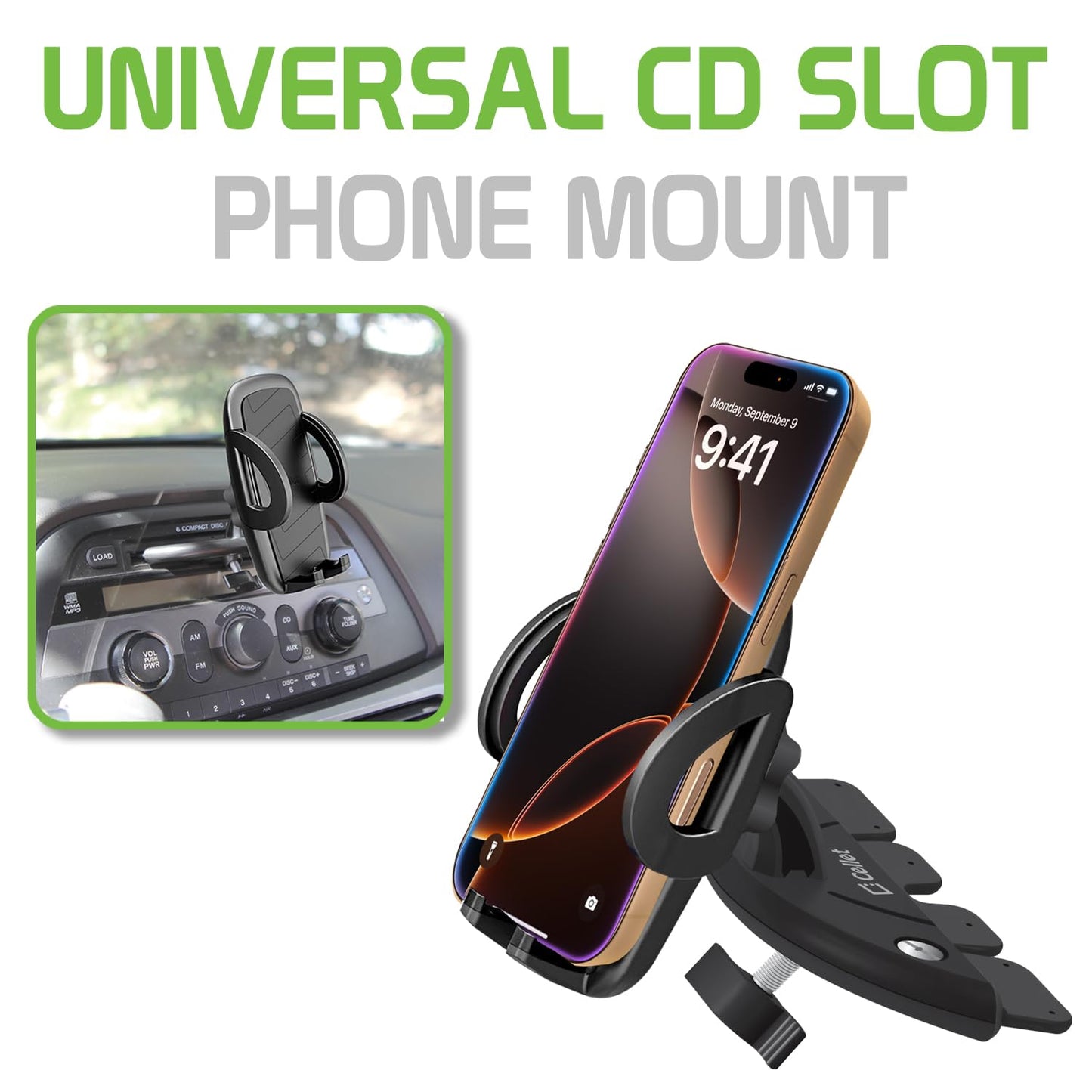 Cellet Universal CD Slot Phone Mount - 360° Rotating Car Phone Holder with Secure CD Slot Base & One-Touch Release, Compatible with Apple iPhones
