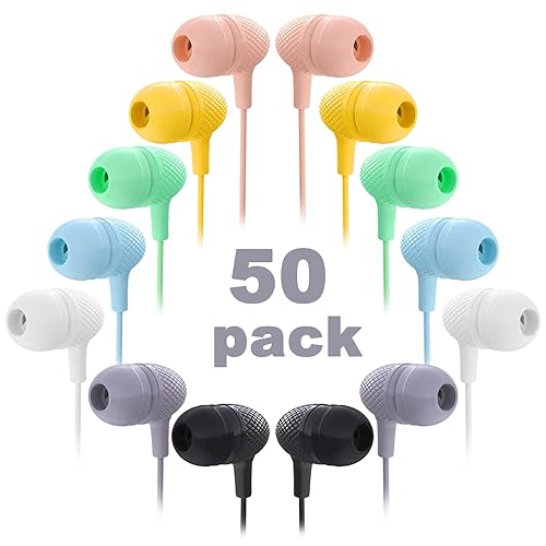 Wensdo Wholesale Bulk Earbuds Headphones 50 Pack Multi Color for Classroom Kids, Durable Earphones Perfect for K12 Schools Students Teens…