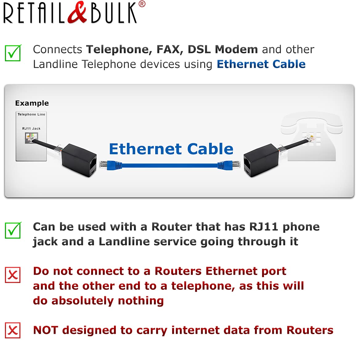 RetailAndBulk 1-Pack RJ11 to RJ45 Adapter Phone Line to Ethernet - RJ45 Female to RJ11 Male for Landline, Fax, DSL Modem Connection (Black, Made…