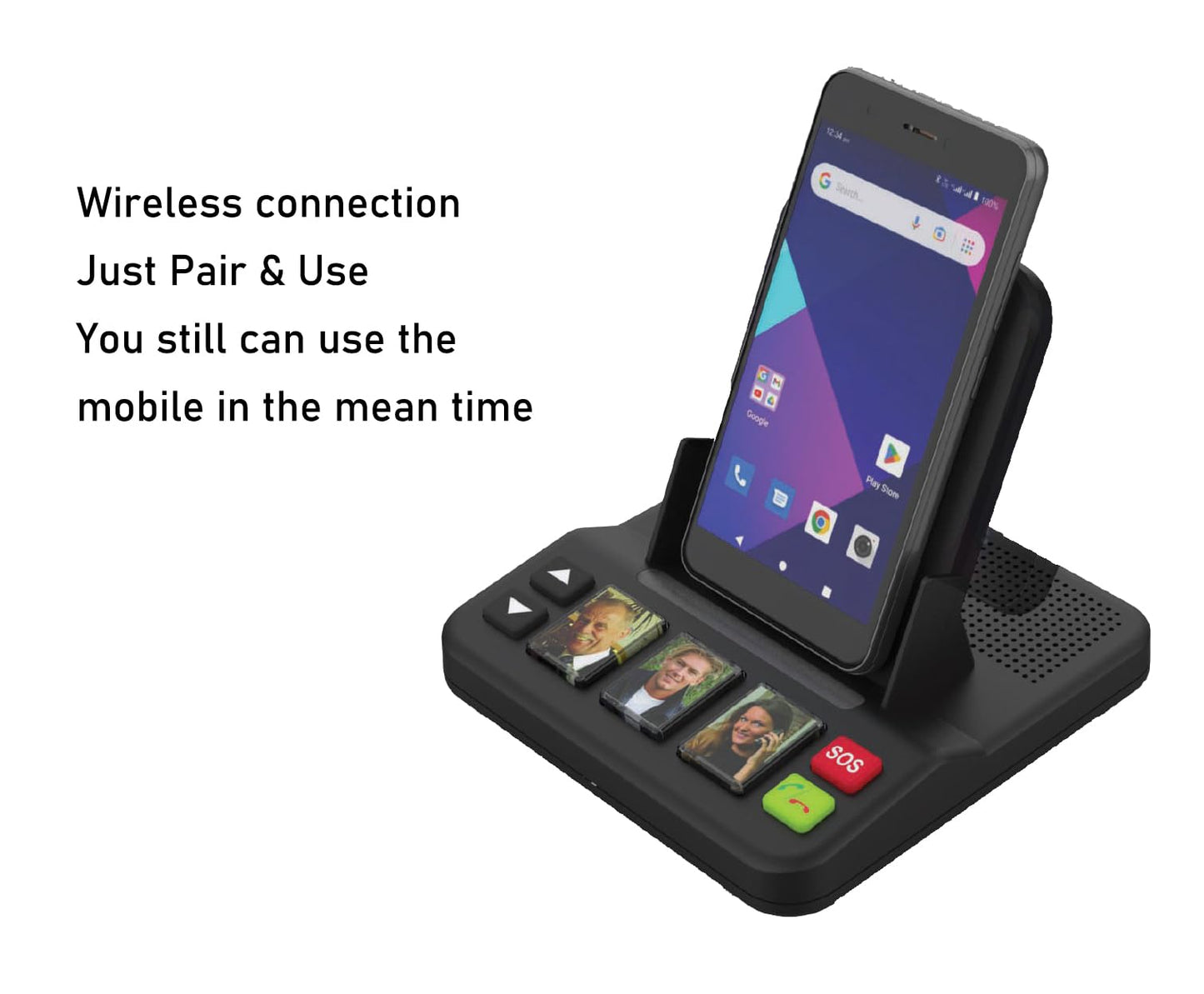 VOCA EC100 Cell phone stand with Wireless Speaker, 3 Speed-Dial Photo Buttons, Emergency Call, SOS Button, Speed Dial, Hands-Free, Easy Setup