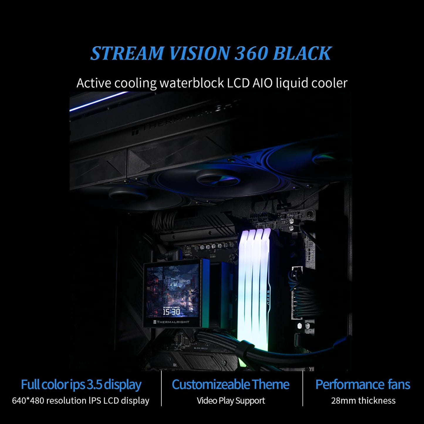 Thermalright Stream Vision 360 Black-360mm AIO CPU Liquid Cooler,3.5’’Square LCD Display for Images,Magnetic Suction High-Performance Pump for 640x480