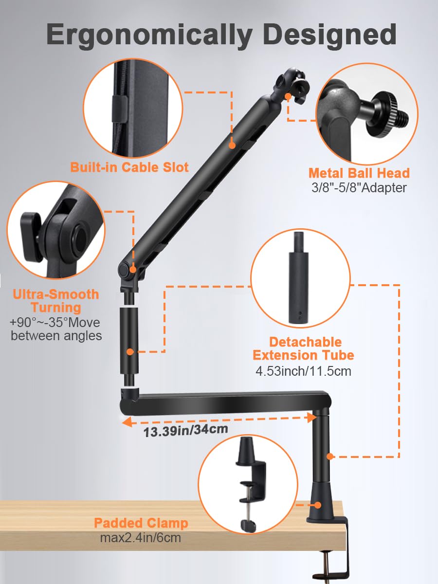 BOSEEN Low Profile Mic Arm Stand,Adjustable Desk Clamp Mic Boom Arm with 360°Swivel and Detachable Rise Column?Built-In Cable Management,with Mic Clip