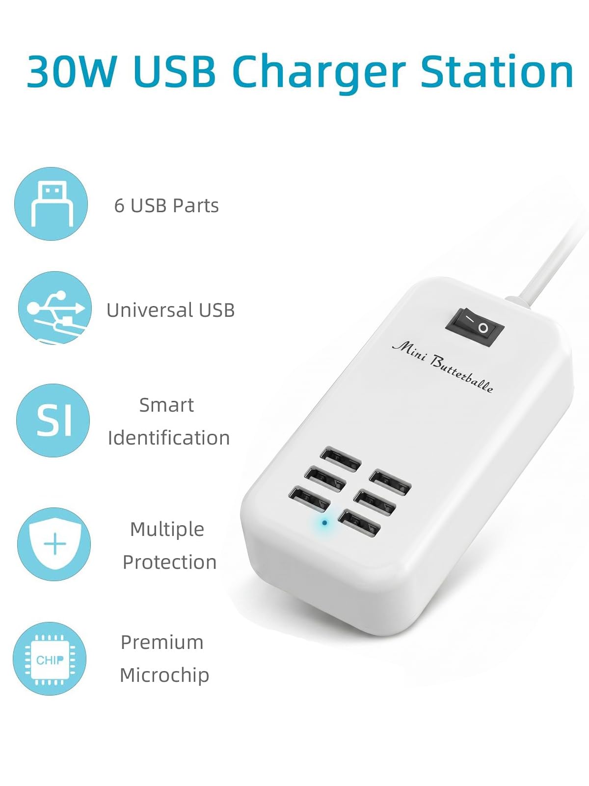 6 Ports USB Charger Hub Desktop US Plug AC Power Wall Travel Charging Adapter Slots Charging Station Extension Socket Outlet with Cable