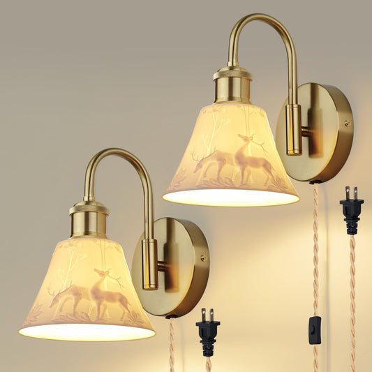 ZORYATA Vintage Ceramic Plug-in Wall Sconces Set of Two, Gold Embossed Wall Sconce Lights with Cord and Switch, Antique Plug in Wall Lamp Fixture