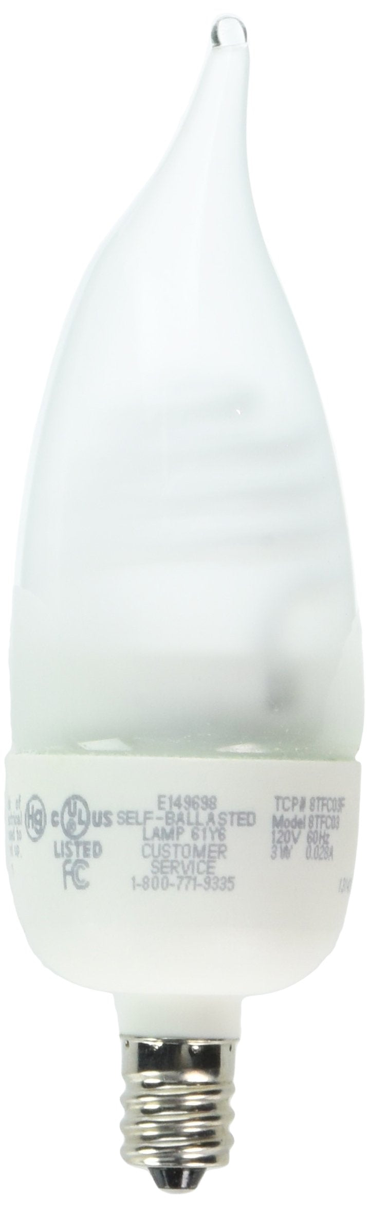 TCP 8TFC03F Cold Cathode Decorative Torpedo - 15 Watt eq. (only 3w used) Soft White (2700K) Candelabra Base Frosted Flame Tip Chandelier Light Bulb