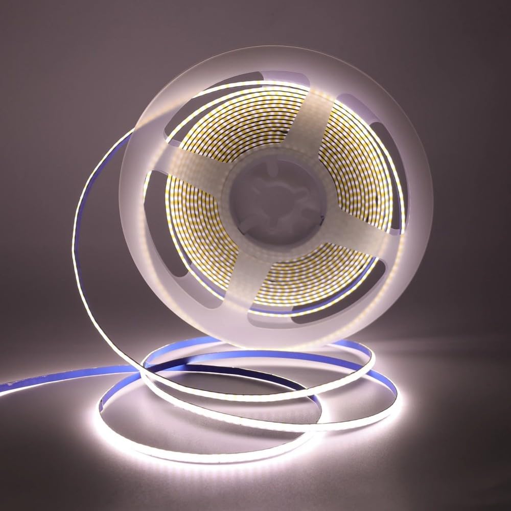 kumax 16.4Ft COB LED Strip Light, 12V/24V/5V, 3mm Width 400leds/m Super Bright Tap Light, High Density Light Strip, Flexible Dotless Design for Indoor