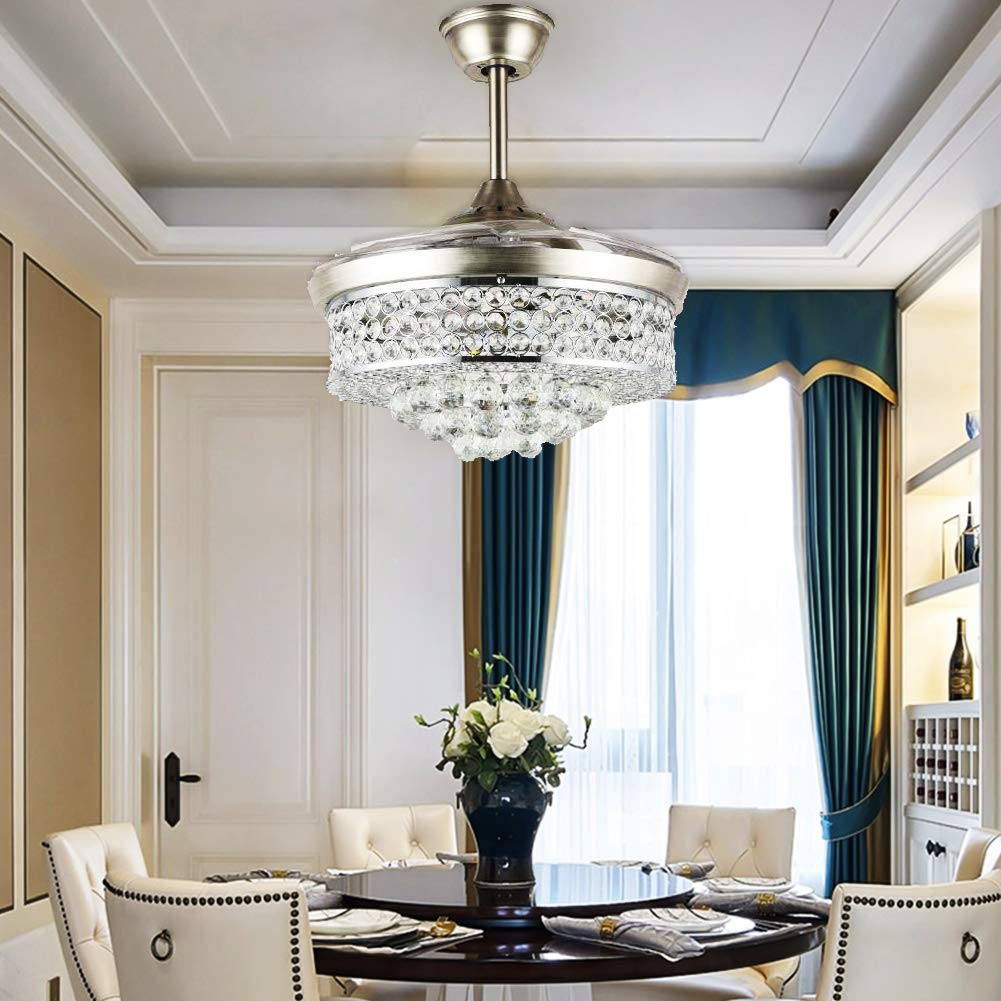 A Million 42" Crystal Ceiling Fan with Light Retractable Blades Brushed Nickel Modern LED Chandelier Remote 3 Colors 3 Speeds Change Silent Ceiling