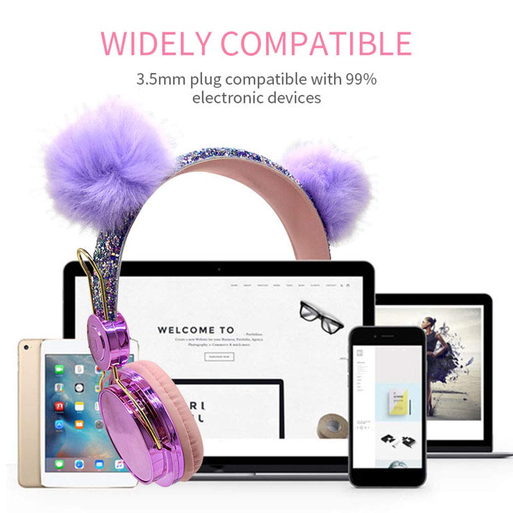 Kids Headphones, Cute Bear Ear Wired Over Ear Girls Headphones, Adjustable Headband, 3.5mm with MIC for Cell Phones Tablets MP3/4,Sparkly Headband…