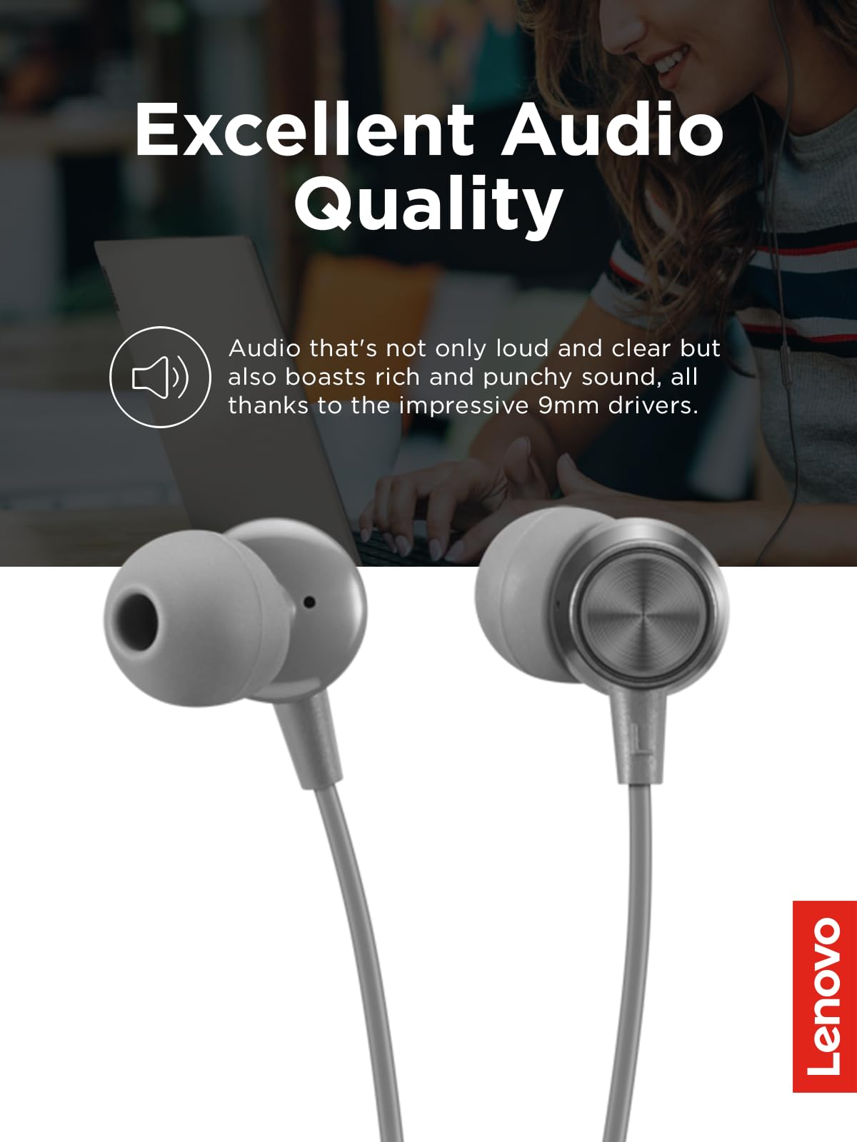 Lenovo - 110 Analog in-Ear Headphones - in-Line Microphone - 3.5mm Connectivity - Play & Pause Button - 3 Sizes of Ear Tips Included,Grey