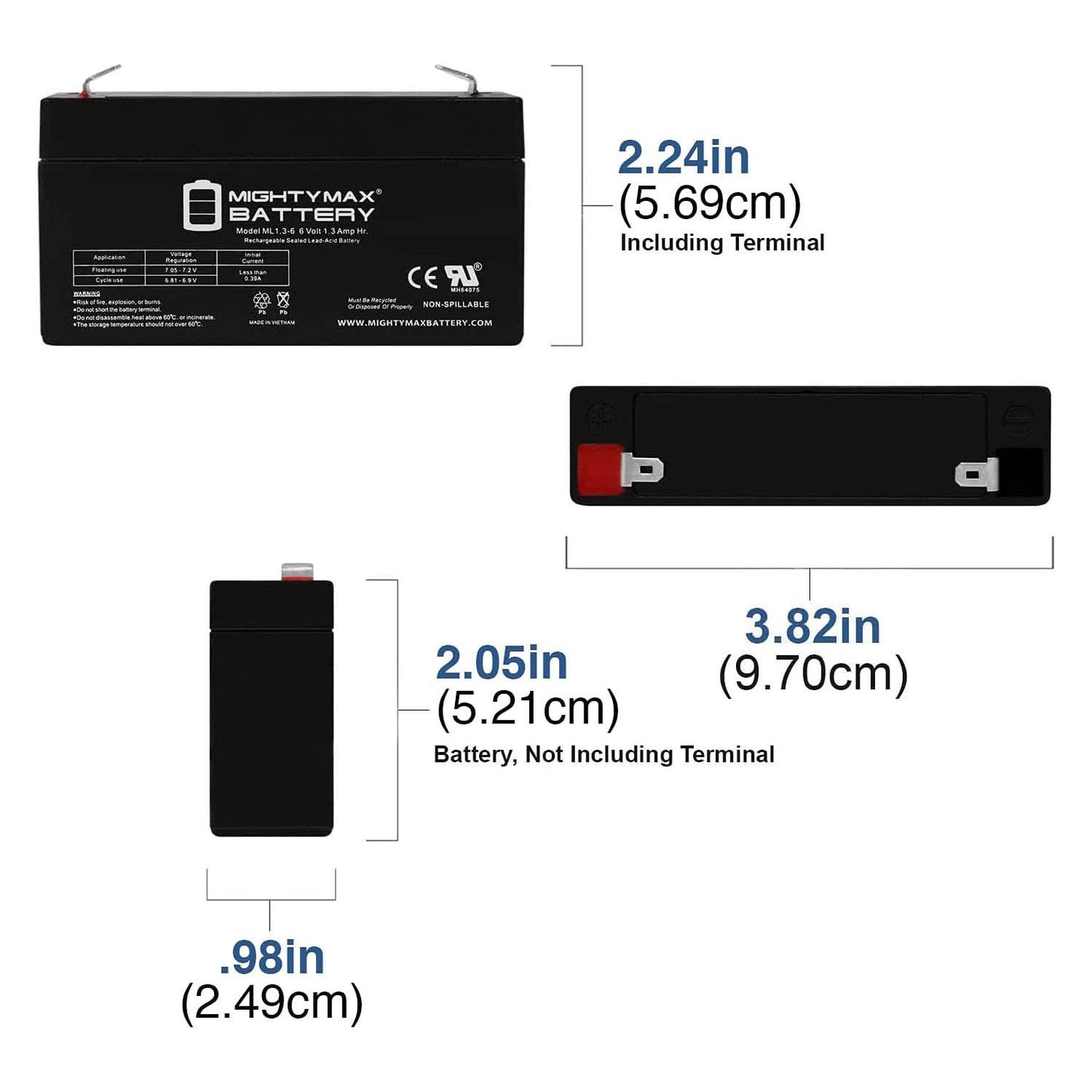 ML1.3-6 - 6 Volt 1.3 AH, F1 Terminal, Rechargeable SLA AGM Battery