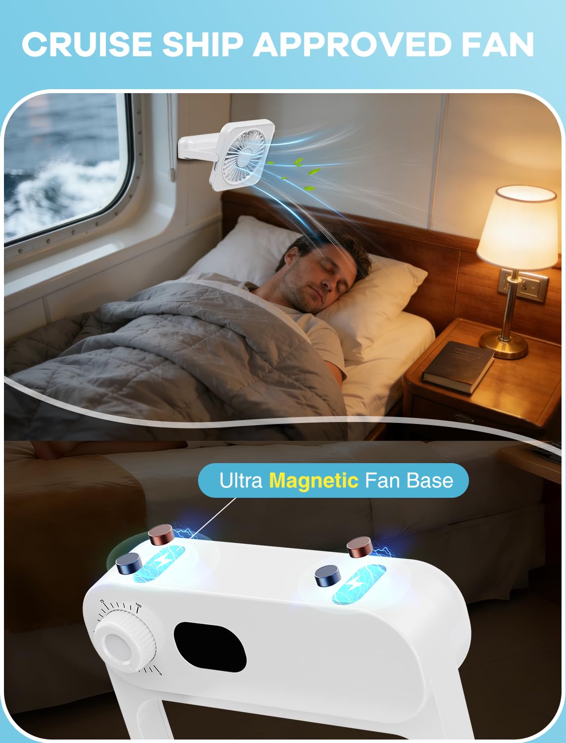 Shintrend Cruise Approved Portable Fan with Magnetic Mount, Rechargeable Cabin Fan with 100 Speeds for Ceiling or Wall, Quiet Cooling for Cruise