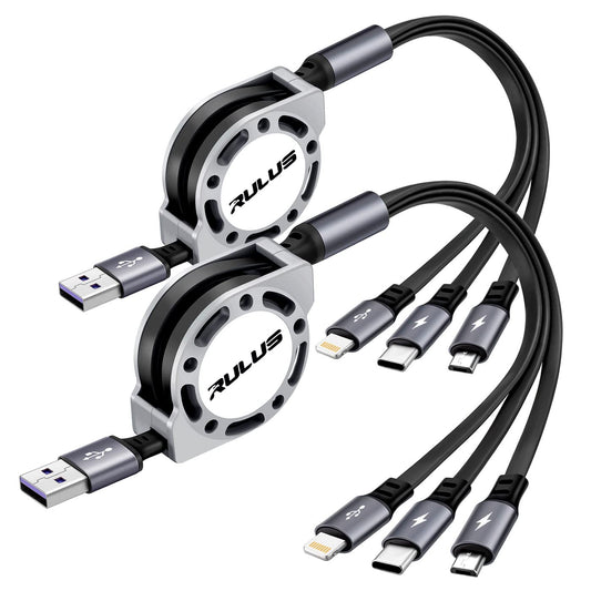 RULUS Retractable Multi Charging Cable[2Pack 4Ft], 3 in 1 Multi USB Cable Fast Charging Cord with Lightning/Type C/Micro USB Ports for Cell