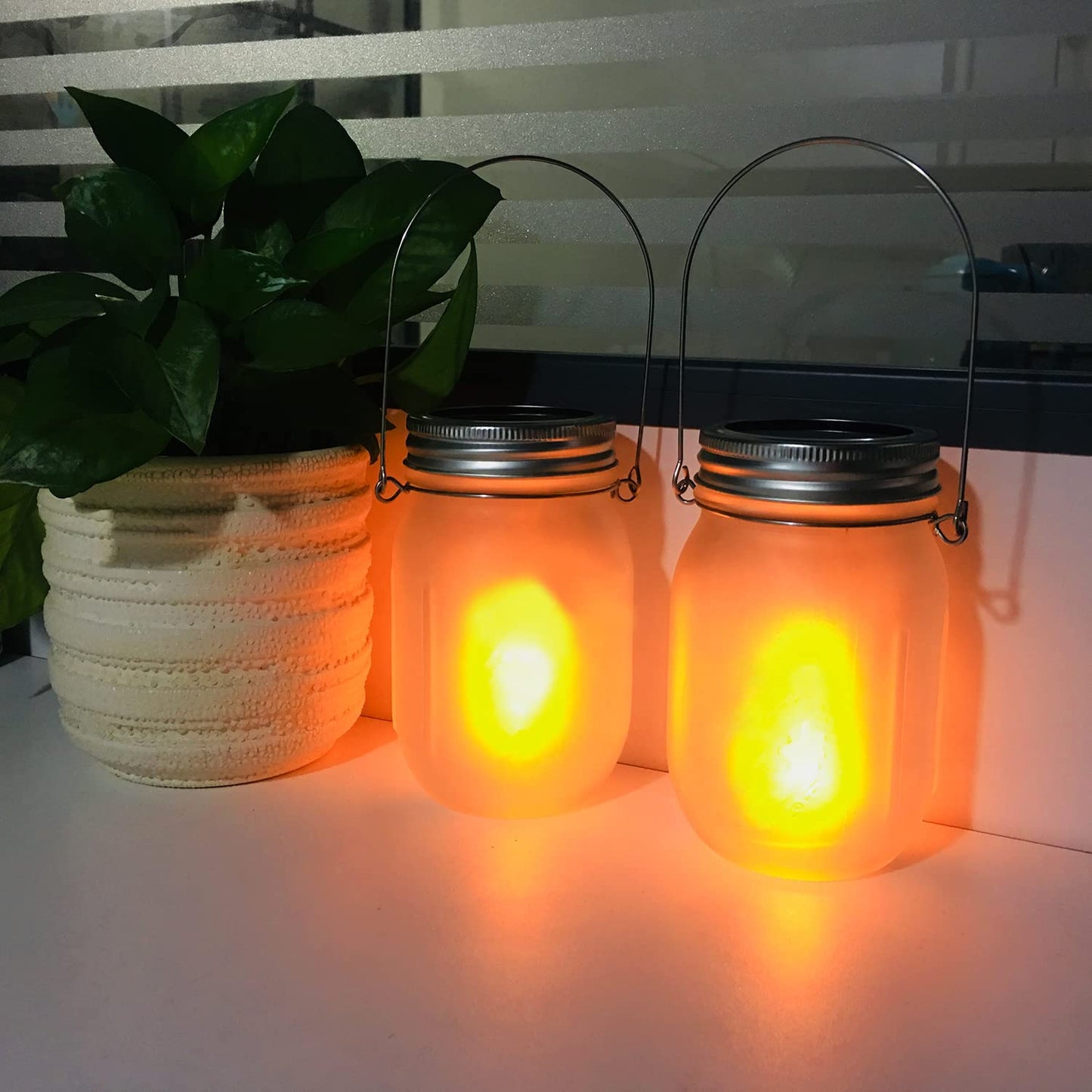 Solar Mason Jar Flicker Lights Upgraded, 4 Pack Flickering Torches Lights Outdoor Hanging Lanterns Landscape Decoration Lighting Dusk to Dawn Auto
