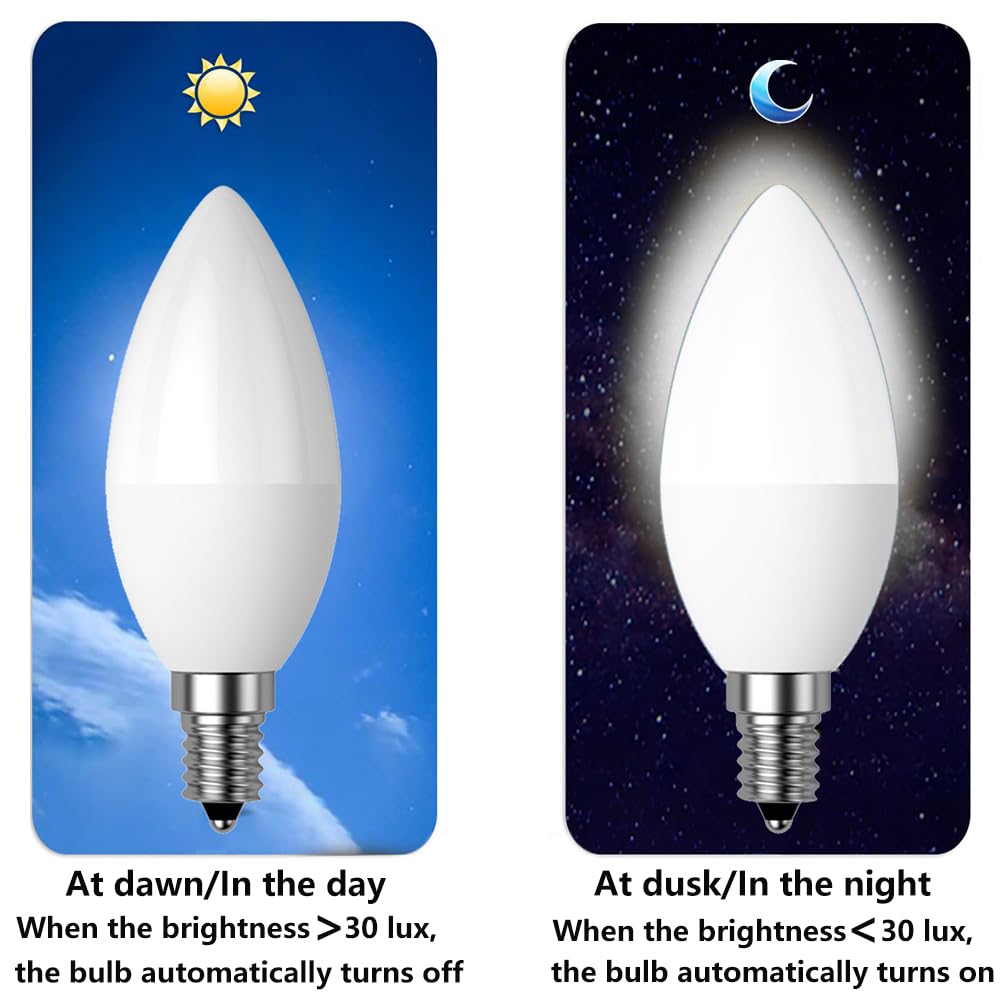 Dusk to Dawn Light Bulb, E12 Candelabra Light Sensing LED Bulbs Auto On/Off 5W 400LM Cold White 6000K for Home Outdoor Yard Porch Patio Garage