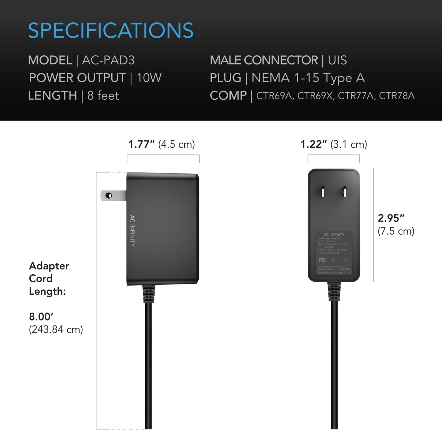 AC Infinity UIS Power Adapter, Outlet Plug with Charger Cable Cord for UIS Digital Controllers