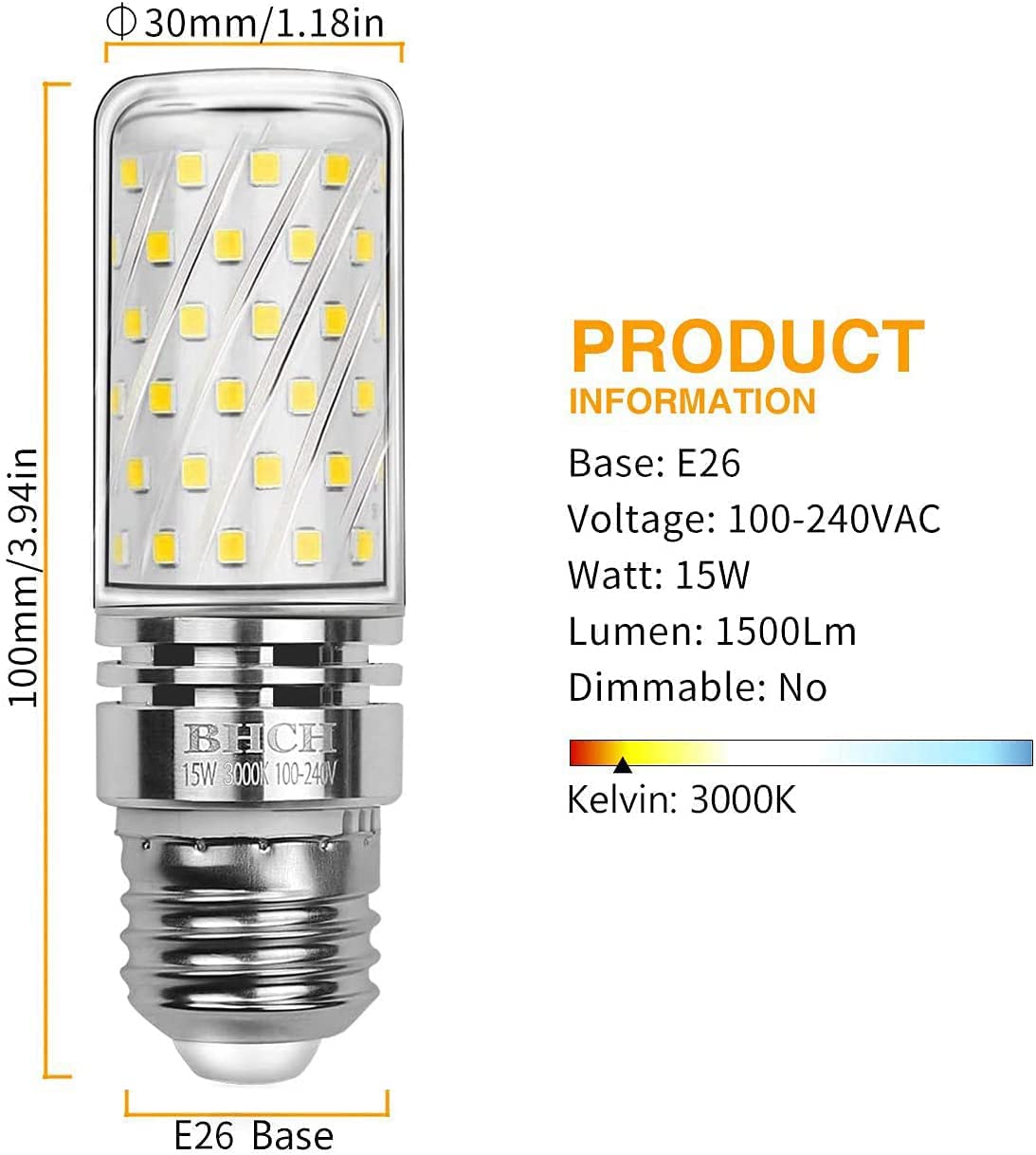 BHCH E26 LED Corn Bulbs 15W, 3000K Warm White, 1500LM, Edison Screw Bulbs, 120W Incandescent Equivalent, Pack of 4