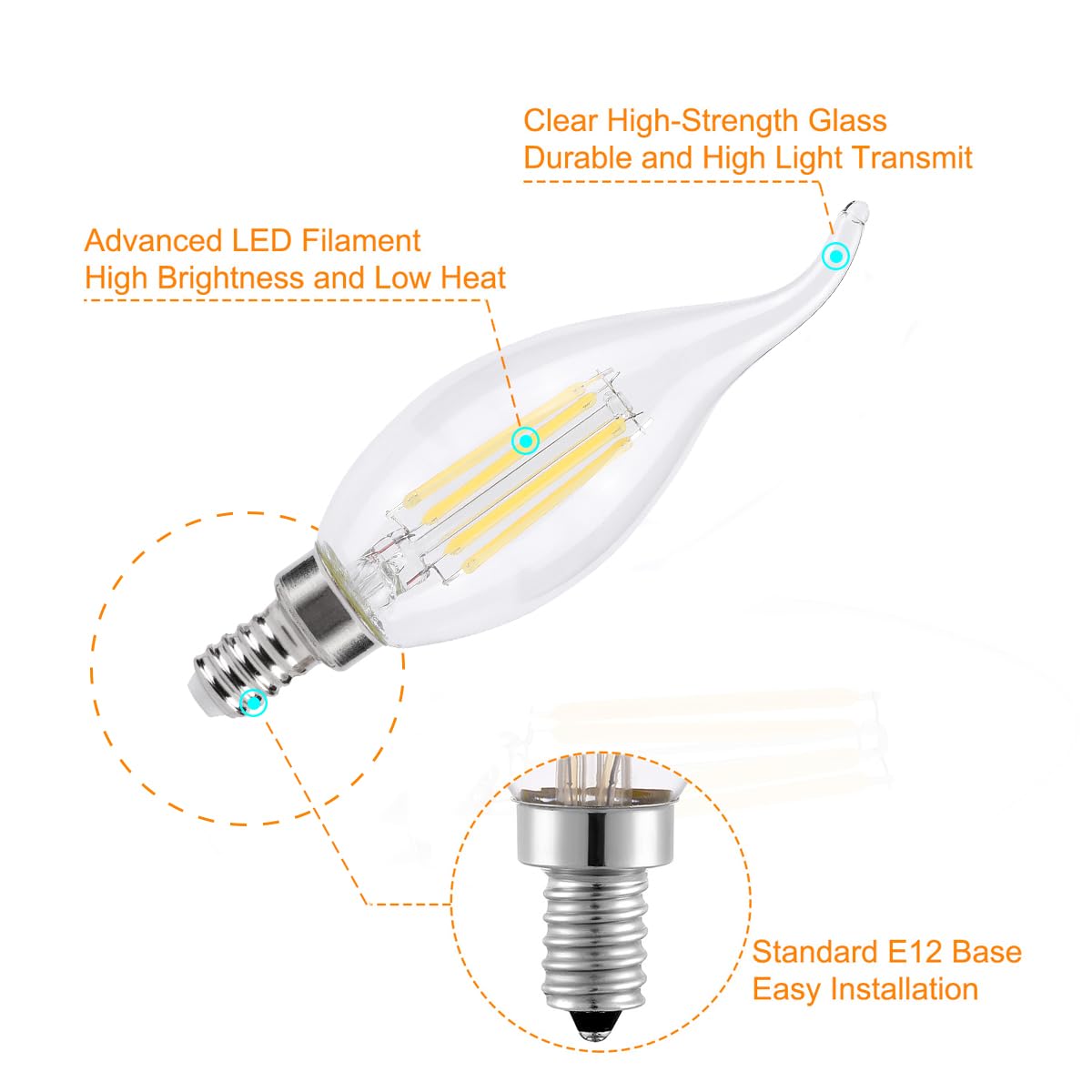 KINUR E12 B11 Candelabra led Light Bulbs 4 Watt (40 Watt Equivalent) 5000K Soft White CA11 Flame Candle Light Bulb Pendants Wall sconces Non-Dimmable