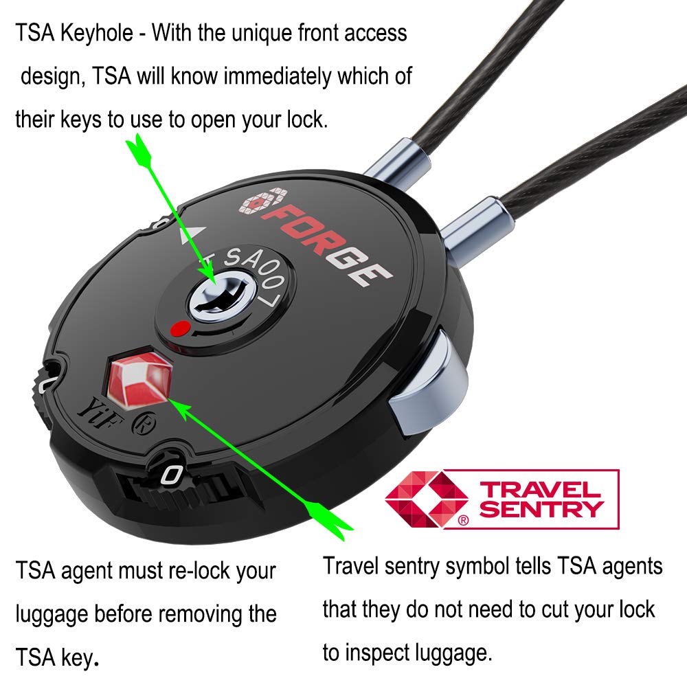 Forge TSA Approved Luggage Locks – 4 Pack Combination Travel Locks with Zinc Alloy Cable for Suitcases, Pelican Case, Ammo Box & Bags